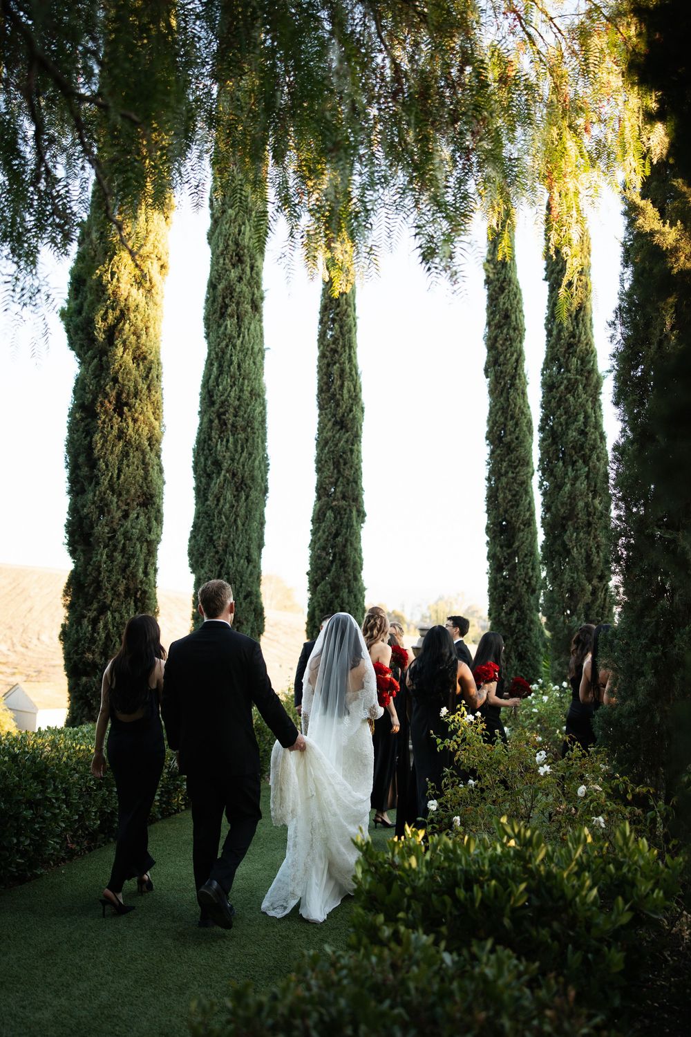 Bride and groom walk hand-in-hand through lush garden with tall cypress trees, accompanied by wedding party in black and red.