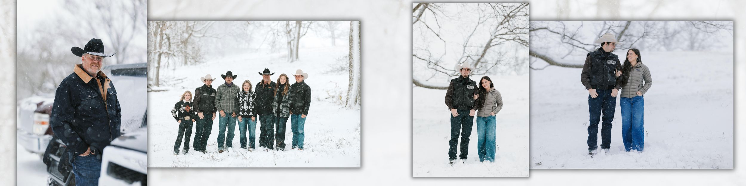 Family group posing outdoors in snowy winter landscape, wearing warm coats and hats among snow-covered trees.