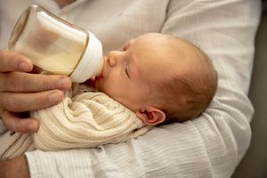 Father feeding new born at new born professional photo shoot