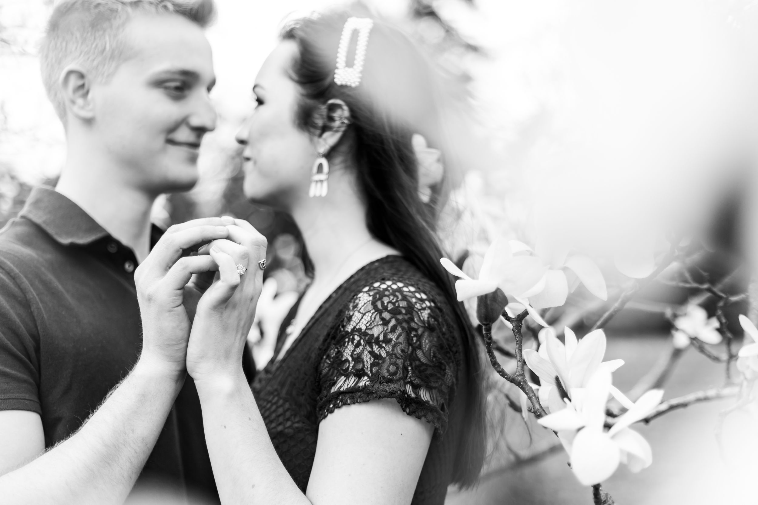 A romantic black and white collage of tender moments between a couple on their wedding day.