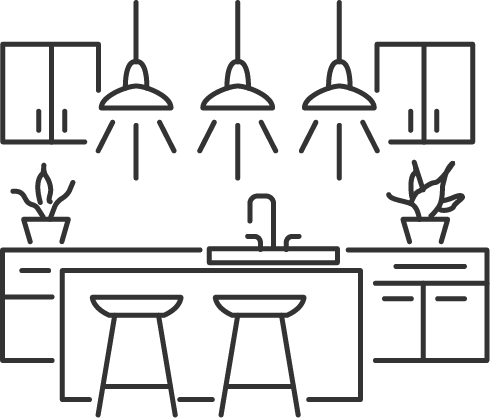 Line art illustration of a modern kitchen island with pendant lights, bar stools, sink, cabinets, and potted plants.