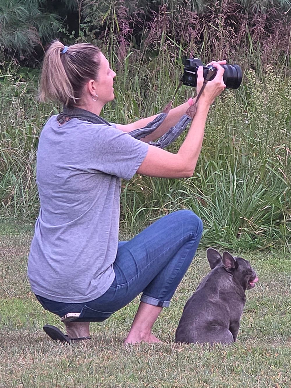 A photographer in a gray shirt crouches next to a French Bulldog while taking pictures in a grassy outdoor setting.