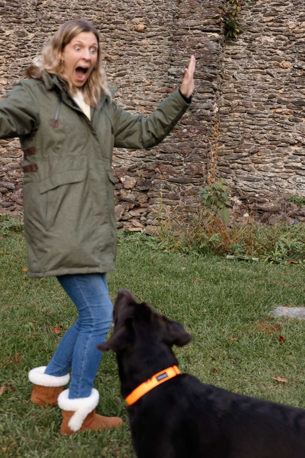 A sequence of photos showing someone in a green jacket jumping in surprise next to a black dog with an orange collar.