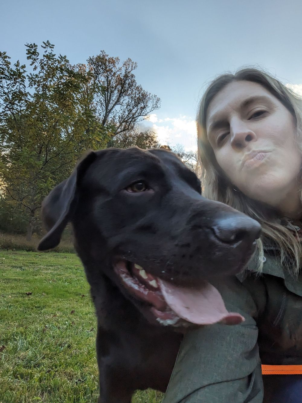 A happy black Labrador dog and companion take a selfie together outdoors on a sunny autumn day in a grassy field.
