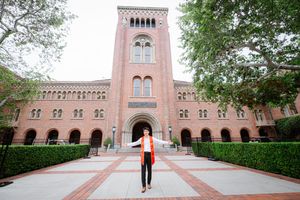 A series of connected architectural photos showing a brick USC university building with arched walkways and courtyards. Bovard