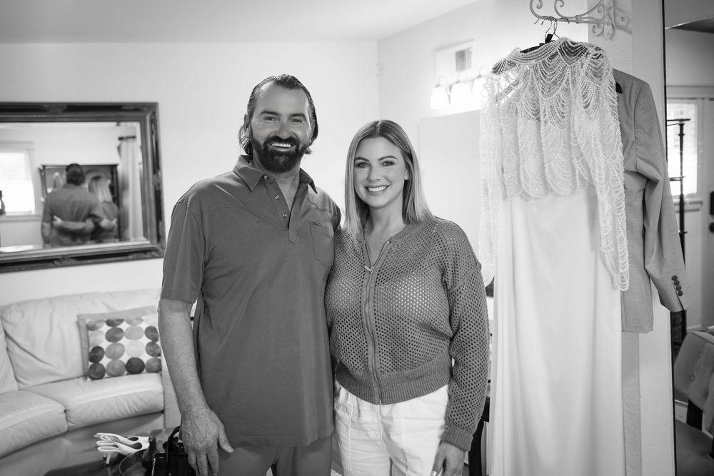 A collage of black and white photographs showing a couple in various casual moments throughout their home.