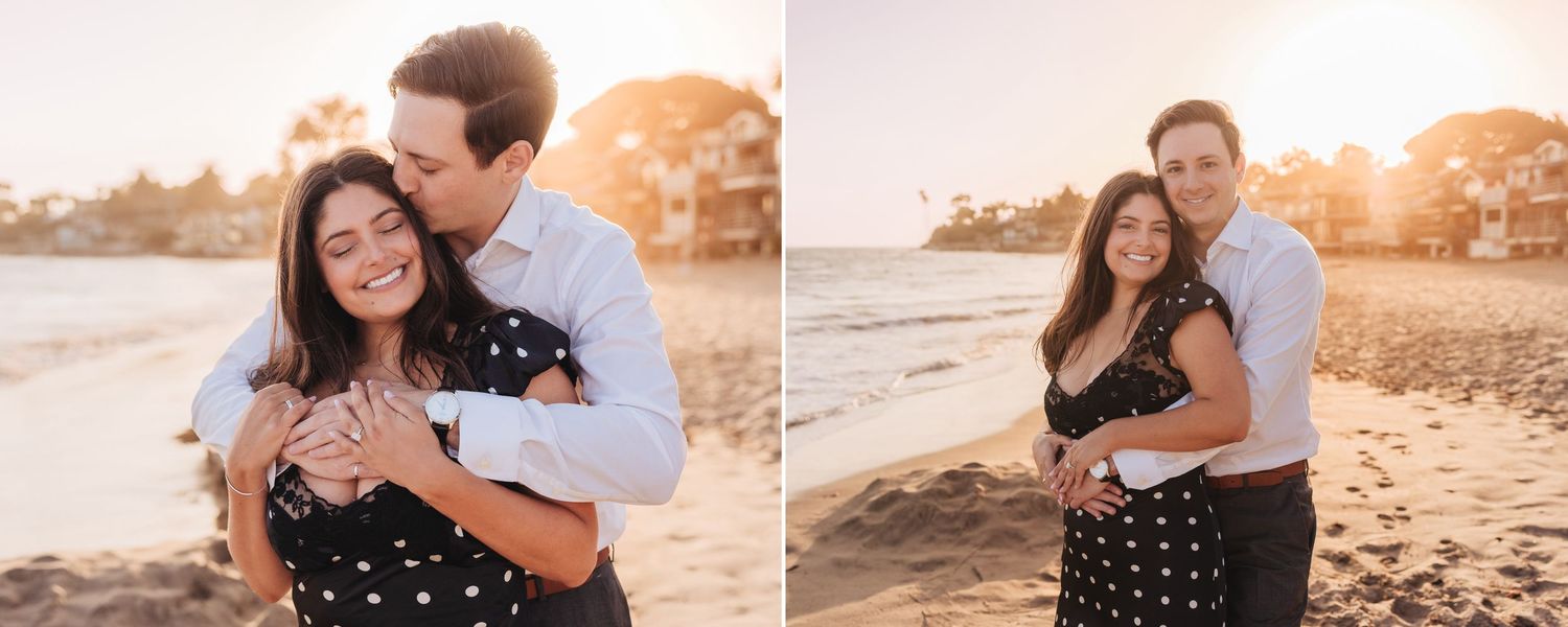 Romantic couple poses together on a sandy beach at sunset in a series of candid moments.