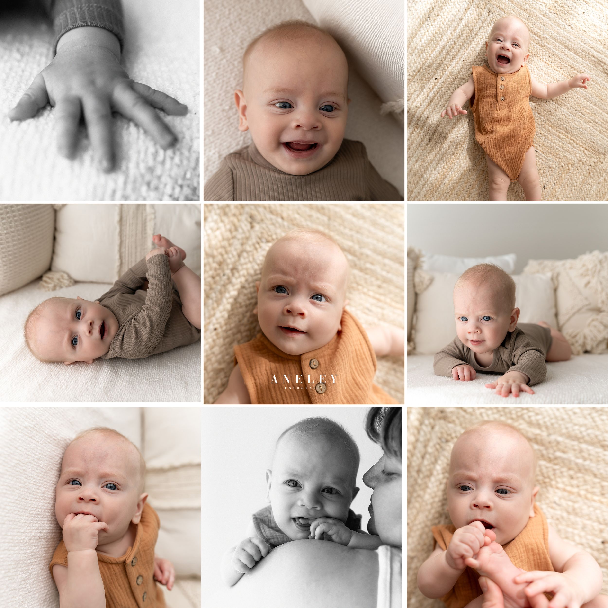 Collection of heartwarming baby milestone photos in warm neutral tones.