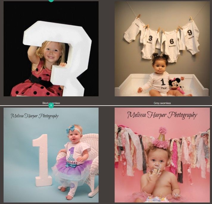 Collection of birthday and milestone photography setups with numbers and decorative elements.
