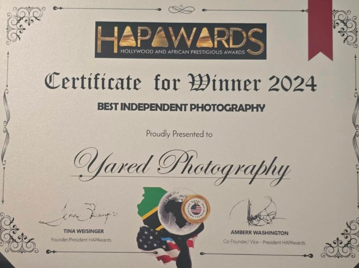 Certificate for Best Independent Photography Winner 2024 from HAP Awards with ornate design.