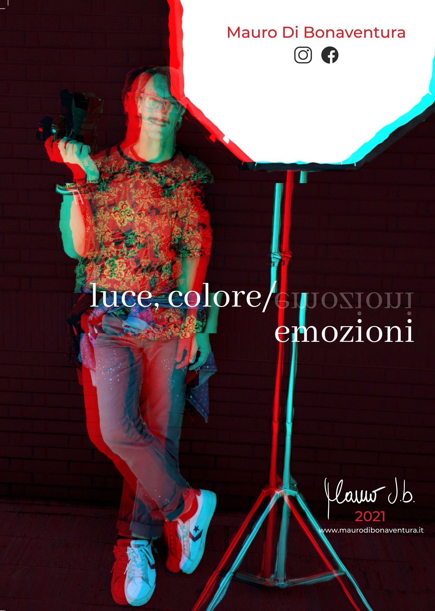 Artistic photograph with red and green chromatic aberration effect showing a figure against a studio lighting setup.