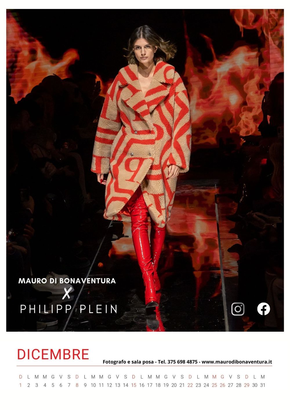 Red and beige striped coat with matching boots against dramatic fiery background on catwalk.