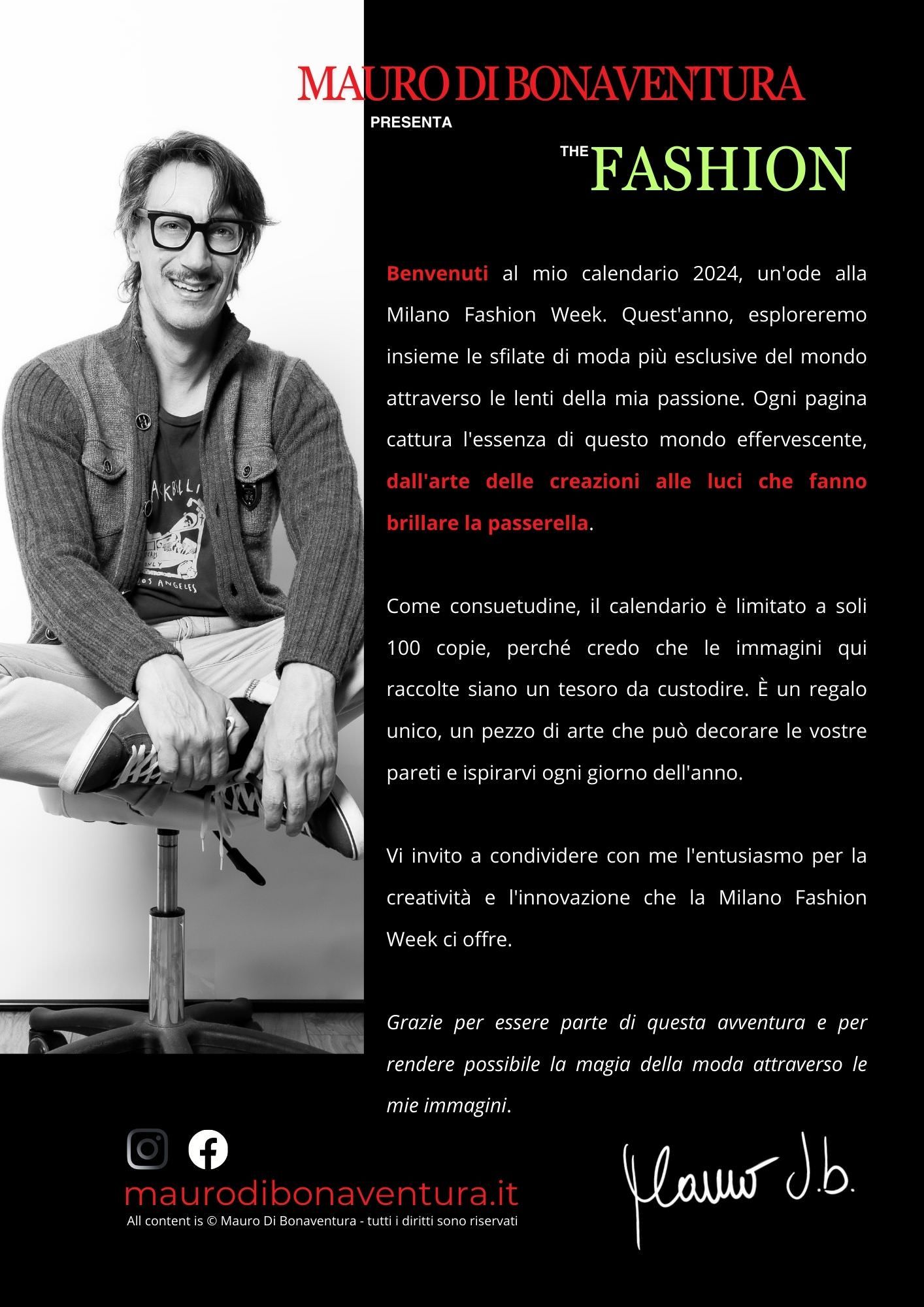 A promotional image for fashion featuring a black and white portrait and Italian text.