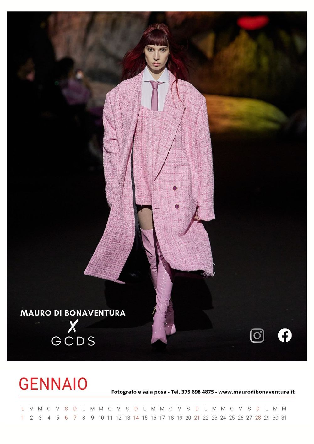 All-pink ensemble featuring oversized plaid coat and boots on dark runway.