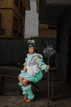 Photography Oil painting Calabar bride in a Theatrical african traditional costume featuring teal fabric and silver ornaments and a rod.
