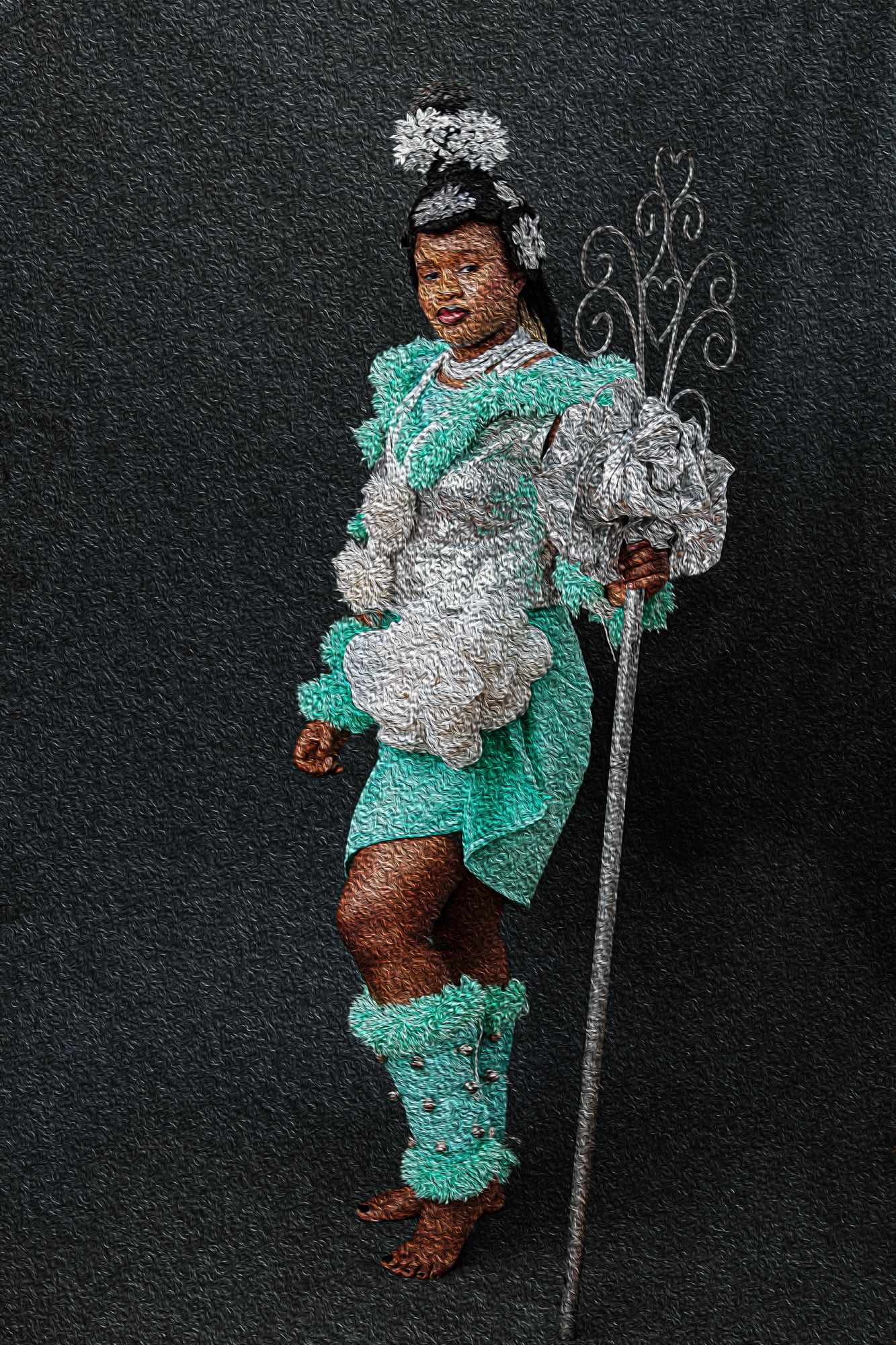 Photography Oil painting Calabar bride in a Theatrical  traditional costume featuring teal fabric and silver ornaments and a rod.