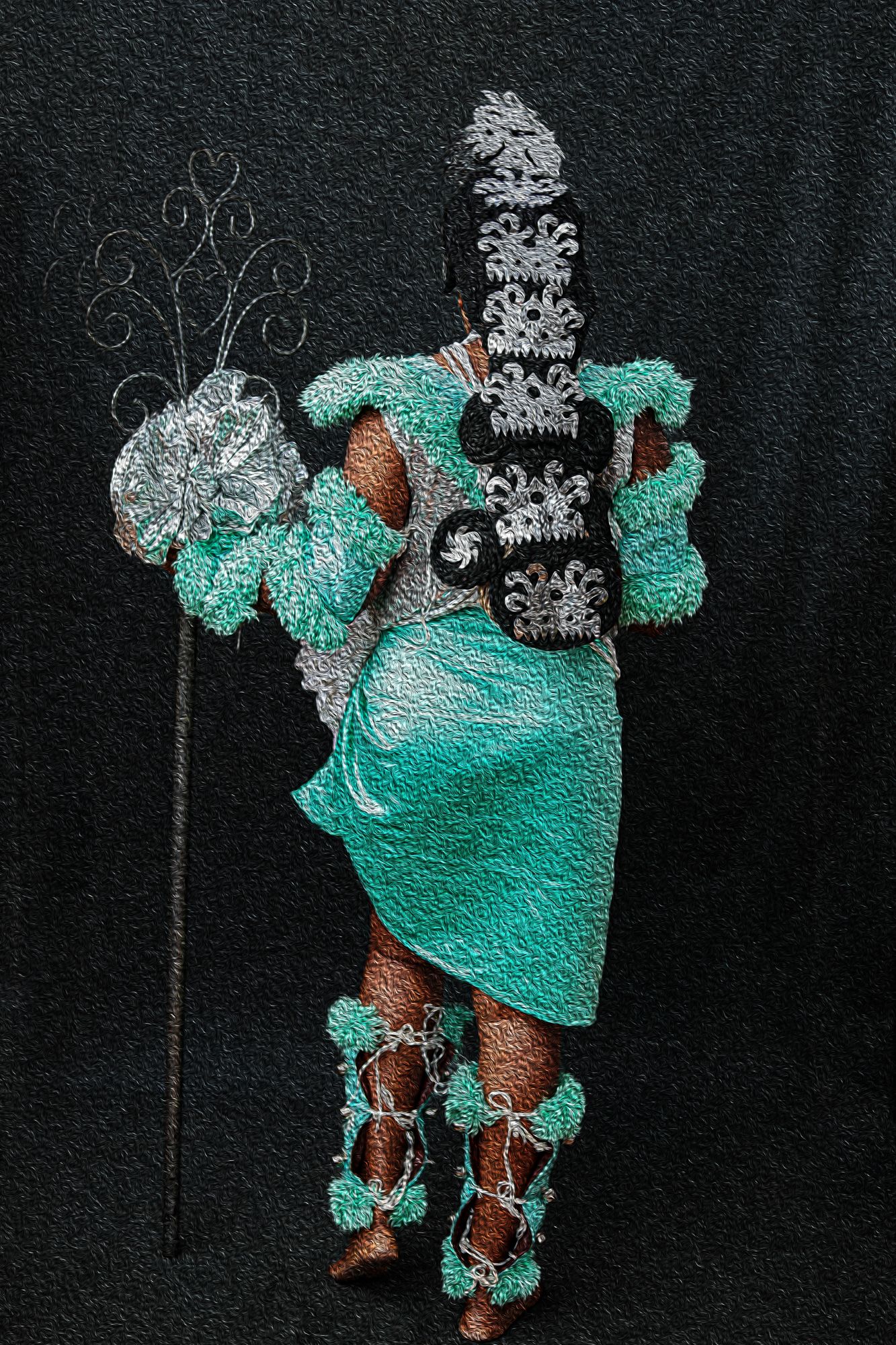 Photography Oil painting Calabar bride in a Theatrical  traditional costume featuring teal fabric and silver ornaments and a rod.