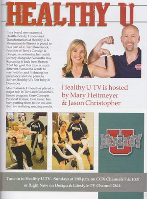 Magazine page promoting Healthy U TV show with fitness instructors and exercise class photos.