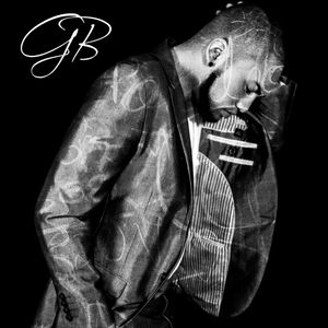 Black and white artistic portrait of musician holding hand over face with GB monogram.