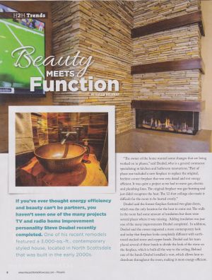 Magazine article page showing modern fireplace and decor with title 'Beauty Meets Function'.