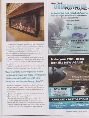Magazine page featuring a linear gas fireplace installation and pool repair advertisement.