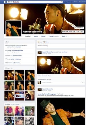 Facebook profile page with dramatic performance photography and cover image.