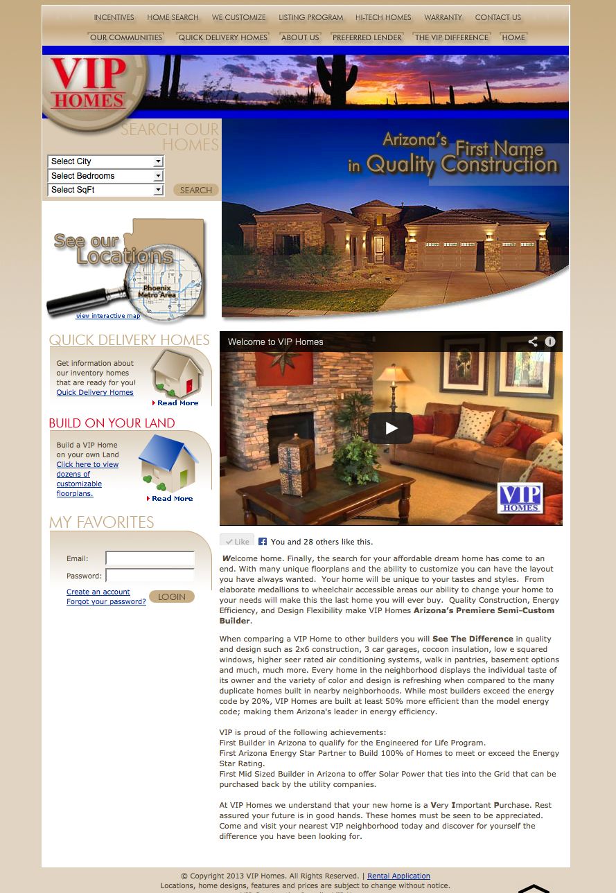 Real estate website featuring Arizona luxury homes with desert sunset banner.
