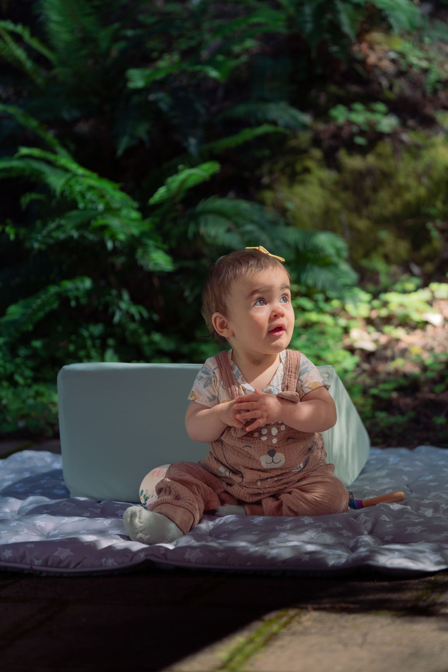 Baby in brown overalls sitting on blanket outdoors surrounded by lush ferns. Located in Felton.