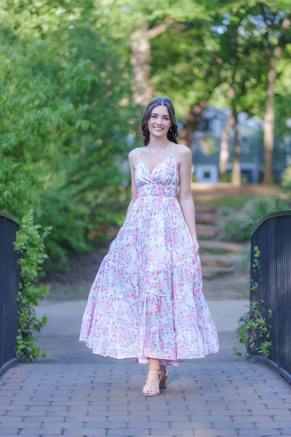 Senior photos 2025 class Los Colinas Irving Texas Mandalay Canal floral dress outfits poses ideas outdoors golden hours graduation