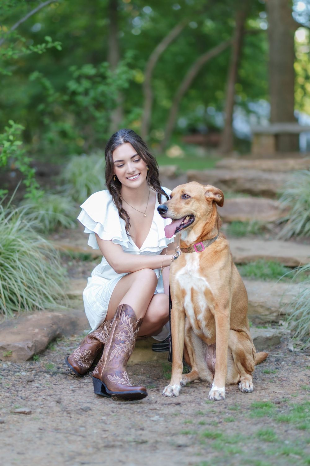 Senior photos 2025 class Los Colinas Irving Texas Mandalay Canal floral dress outfits poses ideas outdoors golden hours graduation dog