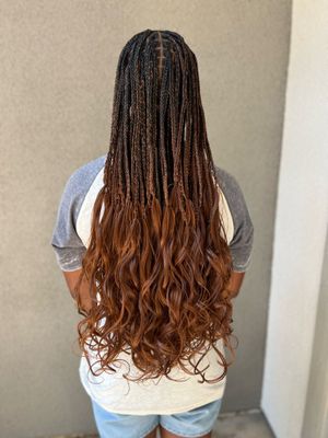 Long ombre hairstyle with brown straight braids transitioning into curly caramel ends, viewed from behind.