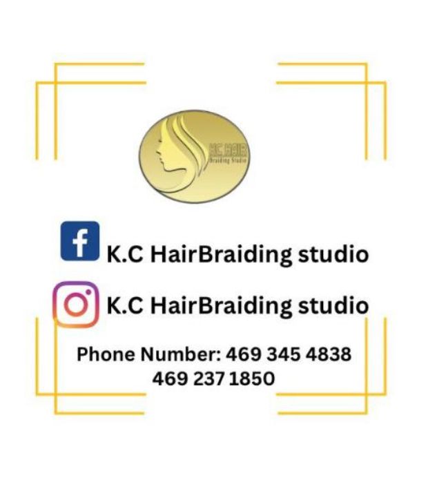 Business logo for K.C HairBraiding studio with Facebook and Instagram handles and two phone numbers in gold frames.