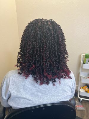 A curly natural hairstyle with burgundy red-dyed tips shown from behind, wearing a gray sweatshirt.