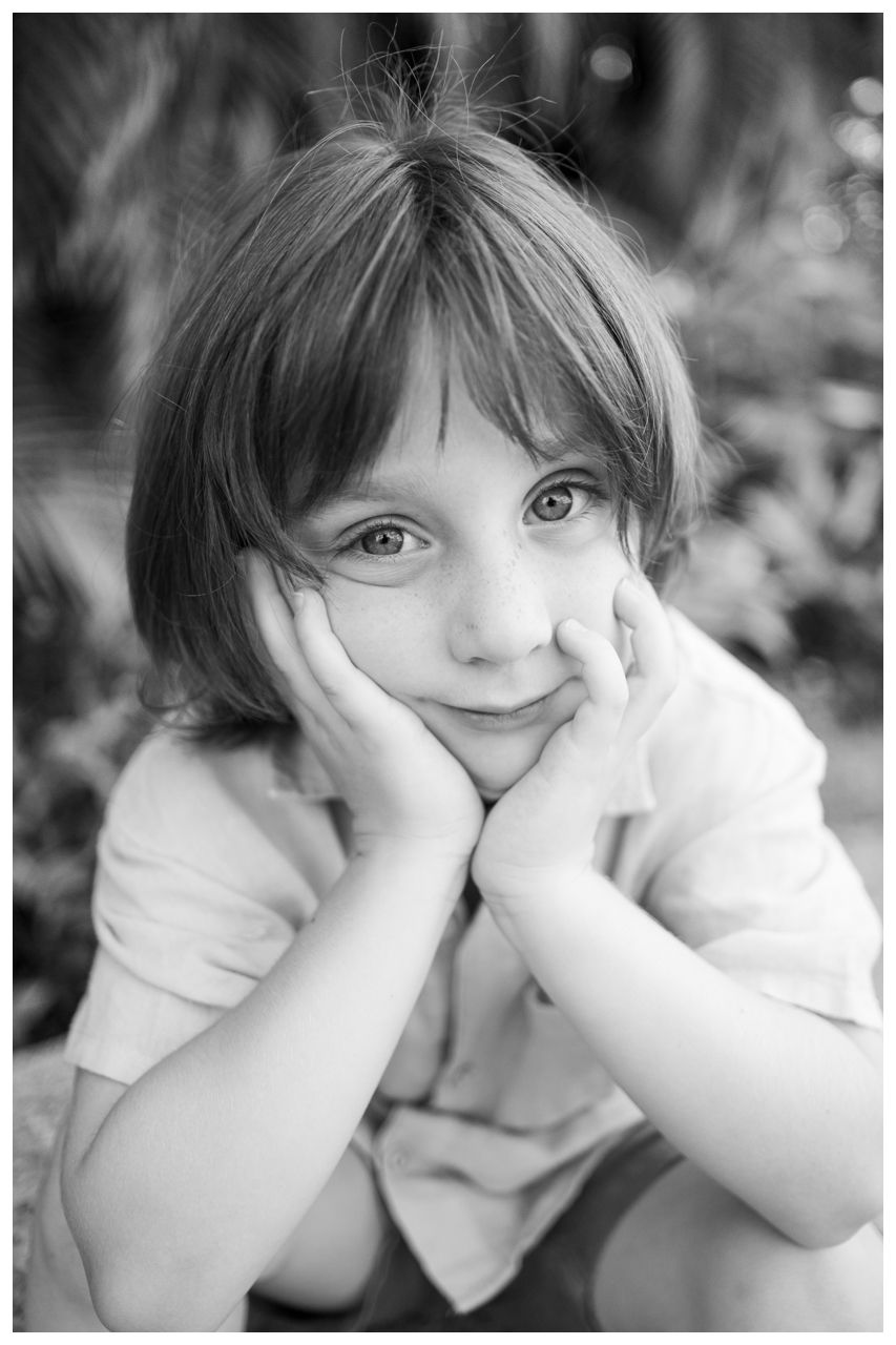 Black and white child portrait during a family photo session at St. Regis Punta Mita.