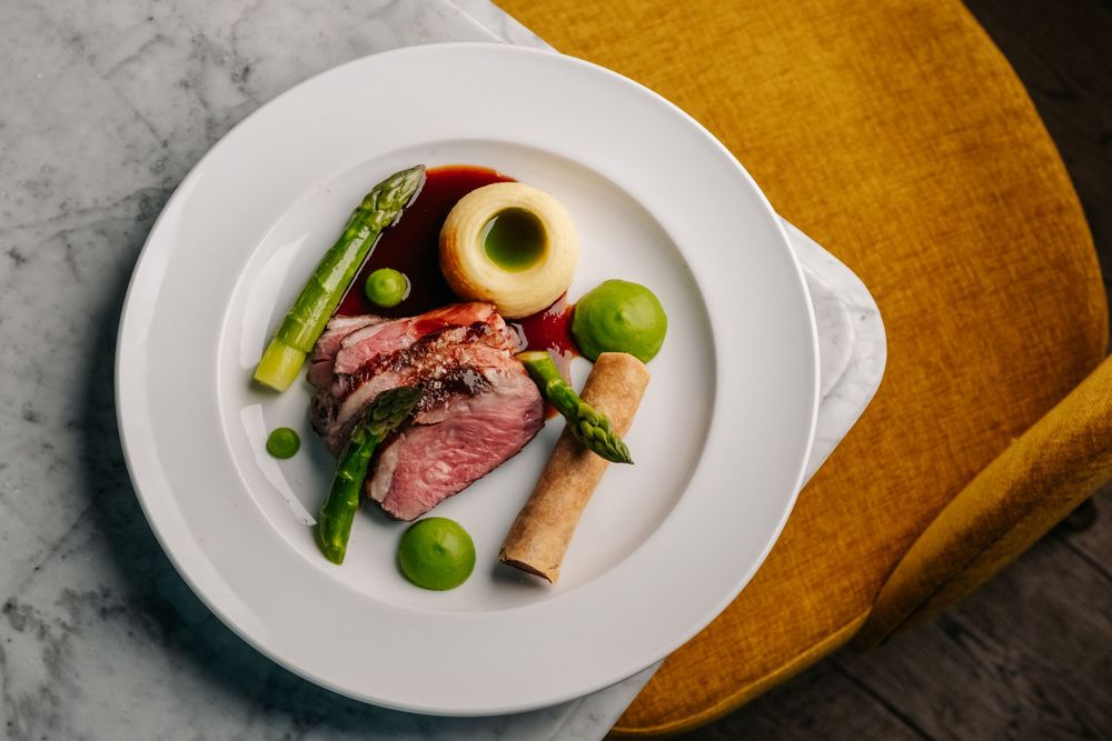 Roasted Lamb rump, crispy spring roll, asparagus; pea and mint puree, lamb jus, No1 Cheltenham, Cheltenham
