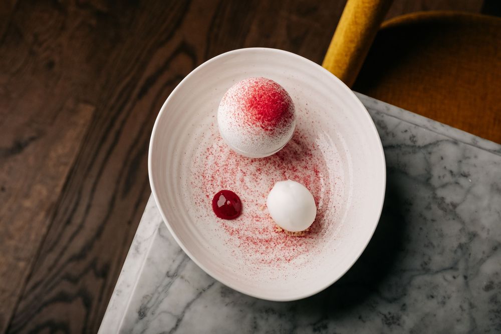 Raspberry and lemon curd meringue, shortbread and lemon sorbet, No1 Cheltenham, Cheltenham
