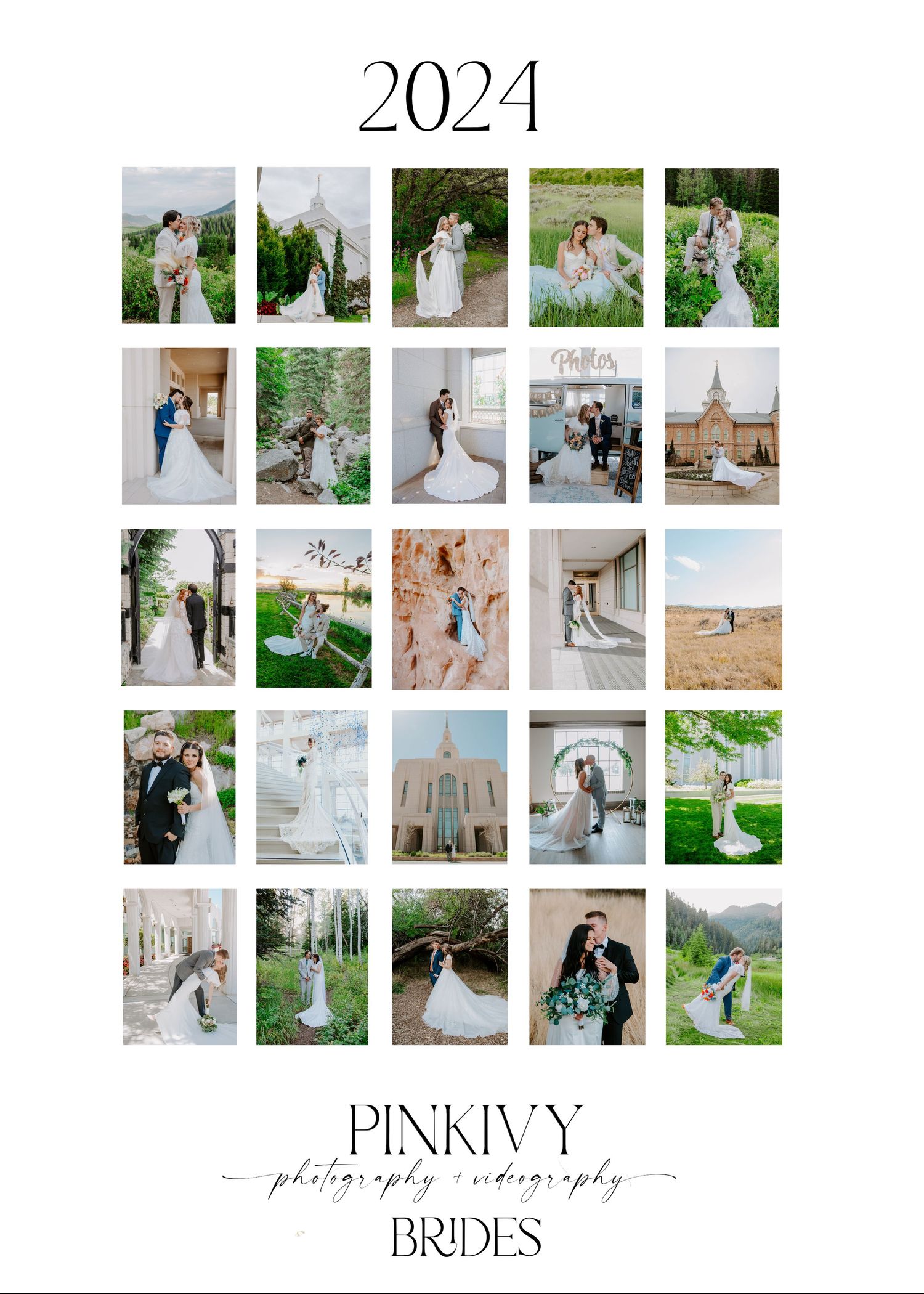 Wedding photography portfolio collage showcasing various couples and venues from 2024. Luxury, Experienced wedding photographer and video