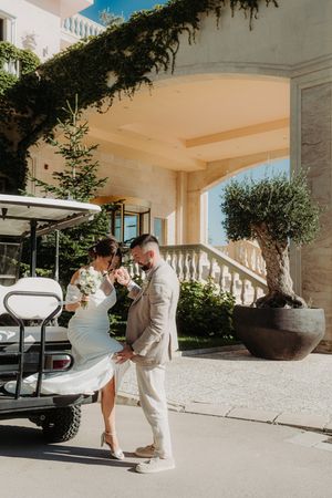 A romantic wedding photo sequence showing a couple in white attire dancing together on an elegant porch.