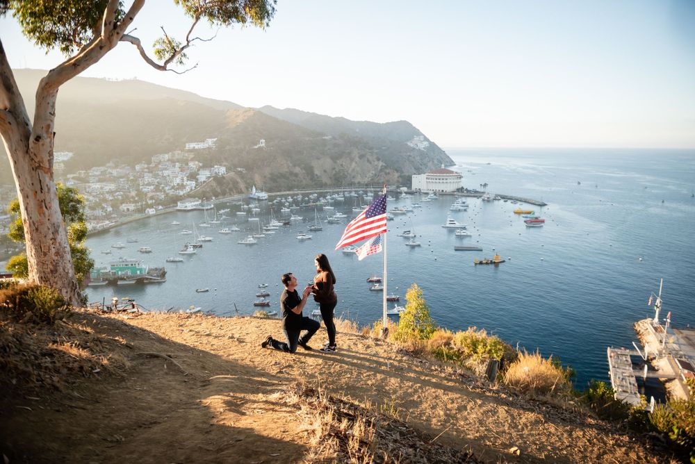 A proposal moment captured overlooking a scenic harbor filled with boats at Catalina Island.