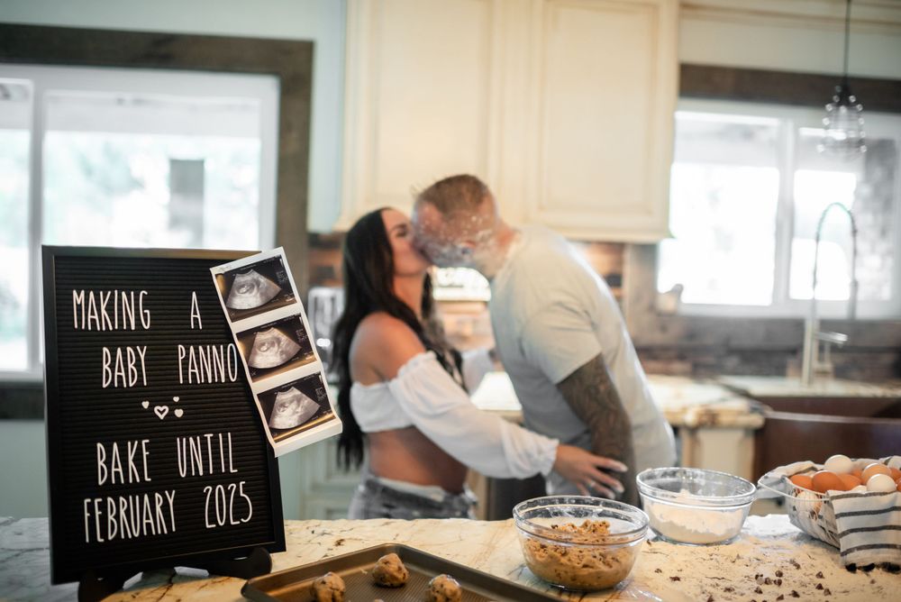 Kitchen scene with announcement board and baking ingredients spread across counter.