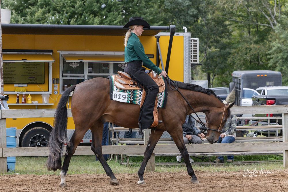 Two equestrians ride bay horses in an outdoor riding arena during a horseback riding lesson or training session.