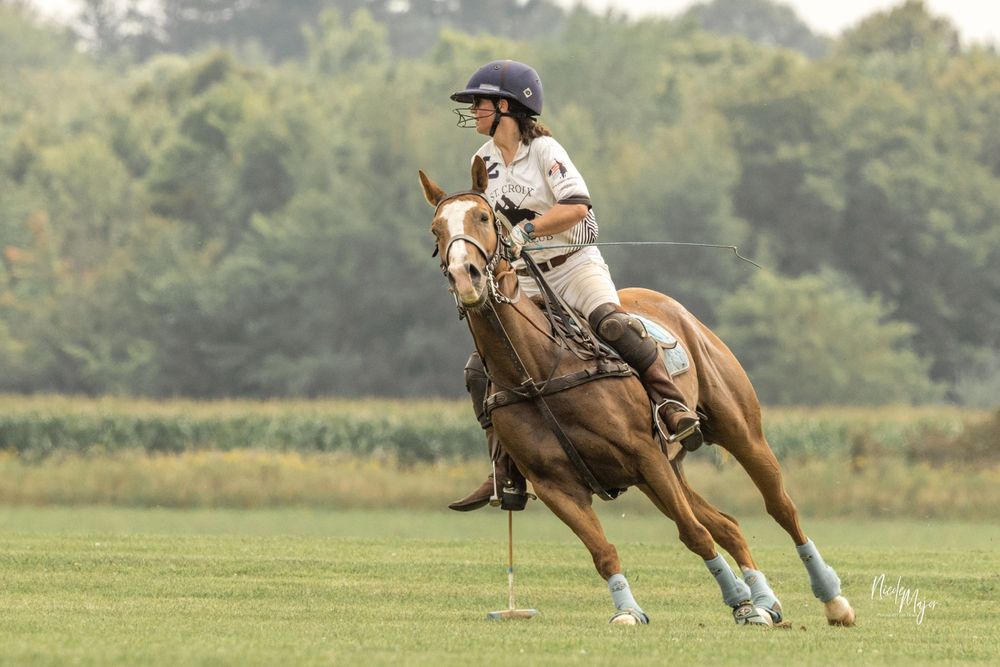 A polo player maneuvering their horse during an intense match on a grass field.