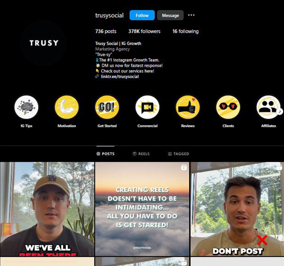 Social media profile page showing story highlights and account stats.