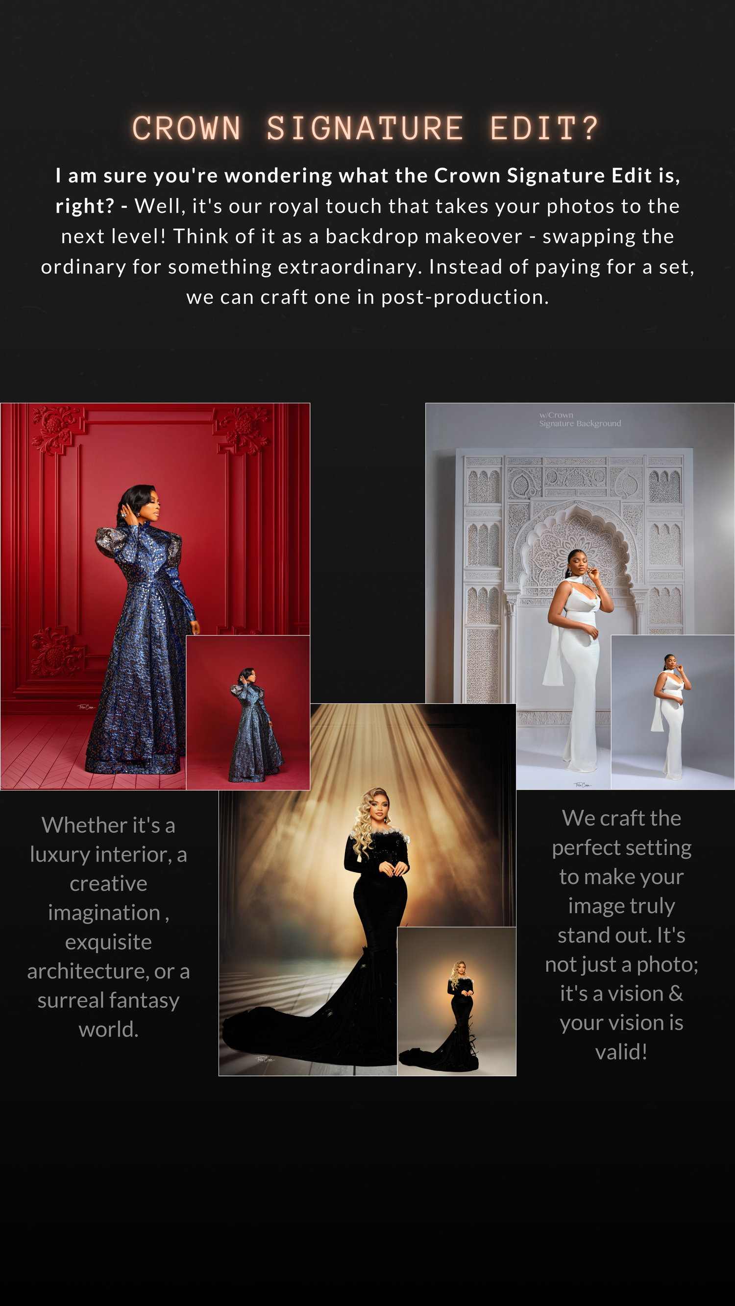 Photo editing showcase demonstrating dramatic before and after transformations with Crown Signature Edit.