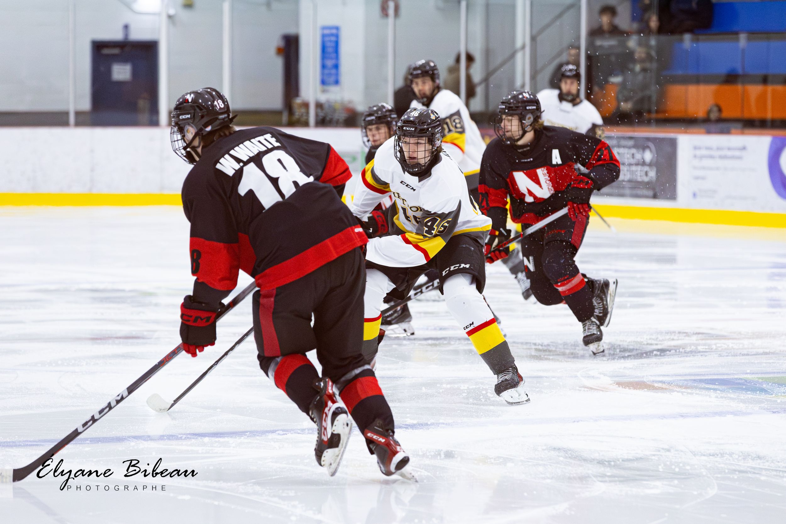Hockey players battle for the puck during an intense ice hockey match between teams in black and yellow uniforms.