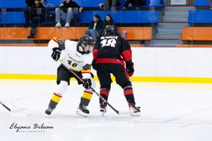 Two opposing hockey players battle for puck control on the ice.