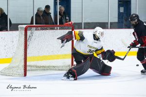 Ice hockey players battle for position during competitive game.