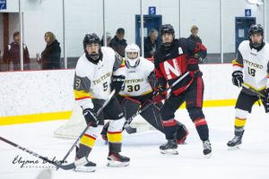 Hockey player controls puck while skating on ice during competitive game.