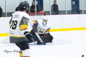 Hockey player in white and yellow uniform skates with puck during game.
