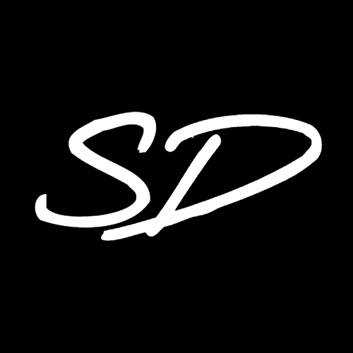 Black background with ‘SD’ in white cursive-style font, representing a variation of the Scotty D logo